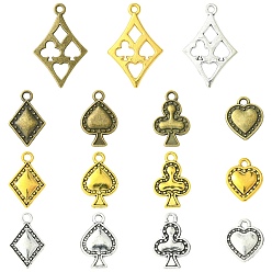Mixed Color 120Pcs 15 Styles Tibetan Style Alloy Pendants, Playing Card, Mixed Color, 14.5~27.5x11.5~17.5x1.5~3mm, Hole: 1.6~2mm, 8pcs/style