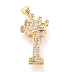 Letter I Латунные микро проложить кубического циркония подвески, долговечный, со сменными под залог, letter.i с короной, реальный 18 k позолоченный, прозрачные, letter.i, я: 28x14x4 мм, отверстие : 3x4 мм