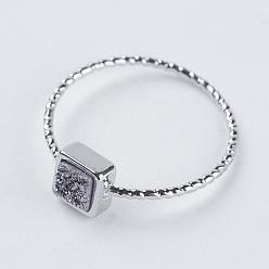 Platinum Plated Natural Druzy Agate Finger Rings, with Brass Findings, Square, Platinum Plated, US Size 7 1/4(17.5mm)