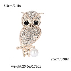 Light Gold Alloy Rhinestone Brooches, Owl, Light Gold, 53x25mm