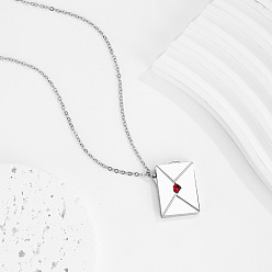 Stainless Steel Color 304 Stainless Steel Pave Cubic Zirconia Red Heart Envelope Pendant Necklaces for Women, Stainless Steel Color, 17.72 inch(45cm)