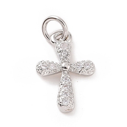 Platinum Brass Micro Pave Cubic Zirconia Charms, with Jump Ring, Religion Cross Charm, Platinum, 14x9x2mm, Hole: 2.8mm