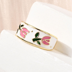 Настоящее золото 18K Латунные манжеты с открытыми кольцами, цветочным узором, с эмалью, без кадмия и без свинца, стойки покрытие, долговечный, реальный 18 k позолоченный, 8.5 мм, внутренний диаметр: 17 мм