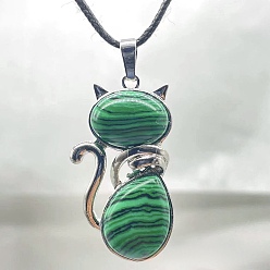Malaquita Collares con colgantes en forma de gato de aleación de malaquita sintética, Platino, 23.62 pulgada (60 cm)