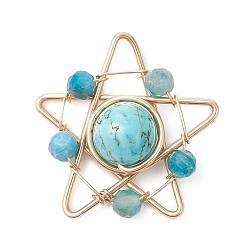 Синтетическая Бирюза Подвески из синтетической бирюзы и ограненного натурального апатита, обвитые медной проволокой, звезды прелести, золотые, 24~25x24~26x8~8.5 мм, отверстие : 3x1.5 мм