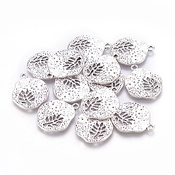 Antique Silver Tibetan Style Alloy Pendants, Cadmium Free & Lead Free, Flat Round with Leaf, Antique Silver, 22x18x1mm, Hole: 1mm