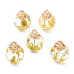 Light Khaki Glass Dried Flower Big Pendants, with Alloy Findings, Round, Light Gold, Light Khaki, 21x16mm, Hole: 2mm