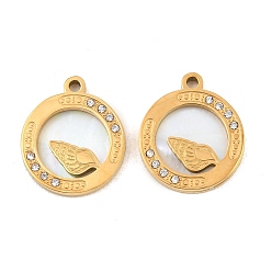 Oro Tema oceánico 304 Colgantes de acero inoxidable, concha natural y diamantes de imitación, plano redondo con caracola, revestimiento de iones (ip), larga duración plateado, dorado, 17.5x15x2 mm, agujero: 1.5 mm