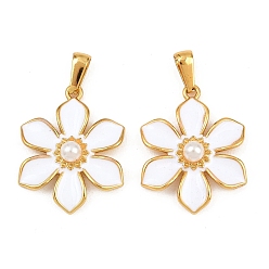 Белый 304 нержавеющей стальной эмали подвески, с абс пластмассовыми жемчужными бисером, цветок, золотые, белые, 28x22x6.5 мм, отверстие : 7x3 мм
