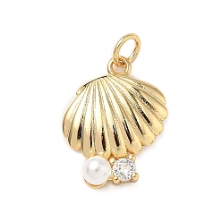 Настоящее золото 18K Латунные микро проложить кубического циркония подвески, формы раковины, с ABS имитации жемчуга, без кадмия и без свинца, долговечный, стойки покрытие, с целью перехода в кольце, реальный 18 k позолоченный, 19x14.5x5 мм, отверстие : 3 мм