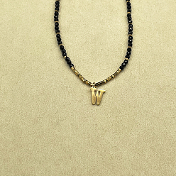 Letter W Женское ожерелье с подвеской из натуральной черной шпинели в форме круглой граненой буквы «Инициал» из нержавеющей стали, золотые, Буква W, 14.96 дюйм (38 см)