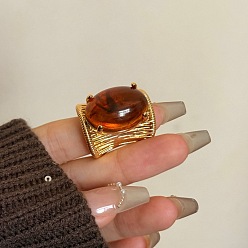 Седло Коричневый Латунные манжетные кольца с полимерным покрытием для женщин, овальные, золотые, седло коричневый, внутренний диаметр: регулируемый