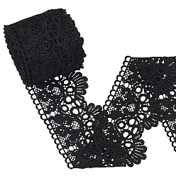 Черный 7~7.5 ярдов плоской отделки из молочного волокна кружева, цветочная кружевная лента, аксессуары, чёрные, 3-1/2 дюйм (90 мм)