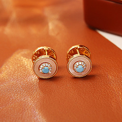 Светло-Синий Латунные микро проложить серьги обруча кубического циркония, с естественной оболочке, плоско-круглые, золотые, голубой, 12x10 мм