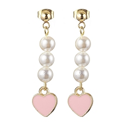 Golden Shell Pearl Dangle Earrings, with Alloy Enamel Heart Pendants and 304 Stainless Steel Stud Earring Findings, Golden, 41x10mm
