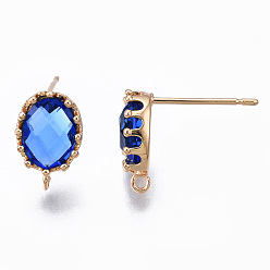 Blue Brass Stud Earring Findings, with Glass and Loop, Long-Lasting Plated, Oval, Light Gold, Blue, 11.5x7.5mm, Hole: 1mm, Pin: 0.7mm