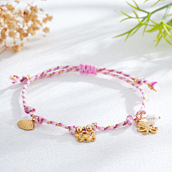 Pink Bracelet ajustable en acier inoxydable avec breloque océan et cordon en coton tressé, or, rose, 11.02 pouce (28 cm)