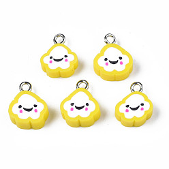 Yellow Handmade Polymer Clay Charms, with Platinum Plated Iron Loop, Cloud with Smile, Yellow, 11~14x9~11.5x4mm, Hole: 1.8mm