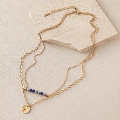 Blue Spot Jasper 304 Stainless Steel Textured Coin Pendant Double Layer Necklaces, Faceted Round Natural Blue Spot Jasper Necklaces for Women, Real 18K Gold Plated, 15.75 inch(40cm)
