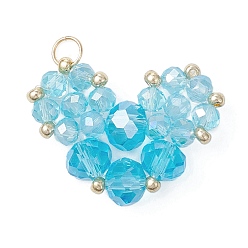Голубой Стеклянные подвески, шарма сердца, с бисером и 304 соединительными кольцами из нержавеющей стали, граненые, реальный 18 k позолоченный, голубой, 18x23x6 мм, отверстие : 3 мм
