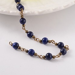 Ляпис-Лазурь Круглый природных драгоценных камней ручной работы из бисера цепи, несварные, с латунной фурнитурой , античная бронза, 6 мм, около 58 шт / нитка, 39.3 дюйм