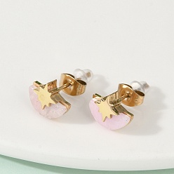 Белый Нефрит 304 из нержавеющей стали серьги, с синтетическим белым нефритом, ионное покрытие (ip), звезда с полукругом, золотые, 9x11 мм