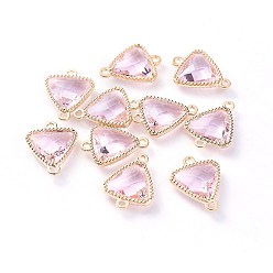 Pink Соединители стеклянные ссылки, с фурнитурой Berzel с открытой спиной из экологически чистого сплава, граненые, треугольные, золотой свет, розовые, 16x12x4.5 мм, отверстие : 1.2 мм