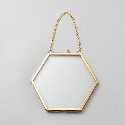 Golden Iron Hexagon Hanging Photo Frames, with Glass Windows, for Home Decorations, Golden, 166mm
