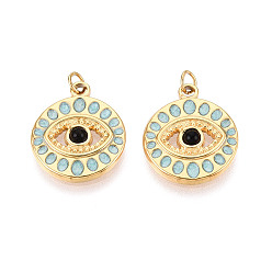 Светло-Синий 304 подвески из эмали и стекла из нержавеющей стали, плоский круглый и сглаз, с целью перехода в кольце, ионное покрытие (ip), реальный 18 k позолоченный, голубой, 18x15.5x3 мм, отверстие : 2.8 мм