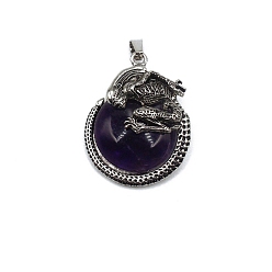Amethyst Natural Amethyst Pendants, with Antique Silver Alloy Finding, Flat Round with Skull Charms, 40x35mm
