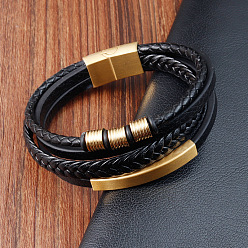 Oro Pulseras de imitación de cuero para hombre, pulseras de varias vueltas, negro, dorado, 8.27 pulgada (21 cm)