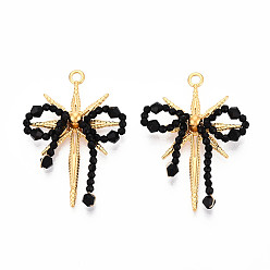 Черный 304 подвески из нержавеющей стали, bowknot & star, со стеклом, реальный 18 k позолоченный, ионное покрытие (ip), граненые, чёрные, 39.5~42x27.5~28.5x6~6.5 мм, отверстие : 2.2 мм