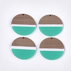Medium Turquoise Resin & Walnut Wood Pendants, Flat Round, Medium Turquoise, 38~38.5x3mm, Hole: 2mm