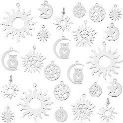 Stainless Steel Color 32Pcs 8 Style 201/304 Stainless Steel Solar Eclipse Pendants, Laser Cut, Sun & Owl & Flat Round & Star, Stainless Steel Color, 14~32x12~30x0.9~1mm, Hole: 1.4~3mm, 4pcs/style