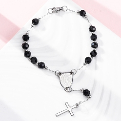 Черный 304 из нержавеющей стали ссылку цепи браслеты, с 201 результатов из нержавеющей стали и стеклянные бусы, чёрные, 7-1/8 дюйм (18.2 см)