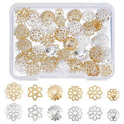 Real Gold Plated & Real Platinum Plated 120Pcs 12 Style Brass Bead Caps, Long-Lasting Plated, Flower, Real Gold Plated & Real Platinum Plated, 10pcs/style