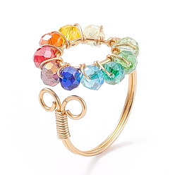 Golden Colorful Glass Braided Ring Open Cuff Ring, Copper Wire Wrap Jewelry for Women, Golden, US Size 8 1/2(18.5mm)