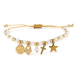 Золотой 304 из нержавеющей стали шарм браслеты, Регулируемые браслеты для женщин из латуни и пластика с круглыми бусинами, имитирующими жемчуг., Хамса, рука, крест, звезда и леди, золотые, 11.02 дюйм (28 см)