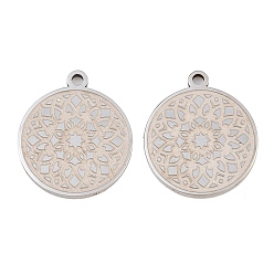 Stainless Steel Color 304 Stainless Steel Pendants, Flat Round with Flower Pattern Charms, Stainless Steel Color, 25x21.5x2mm, Hole: 2mm