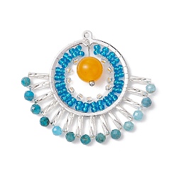 Малайский Нефрит Подвески-веера из натурального малайзийского нефрита (окрашенного) и стеклянных бусин, подвески в стиле бохо с латунной фурнитурой, платина, 37x43x8 мм, отверстие : 1.4 мм