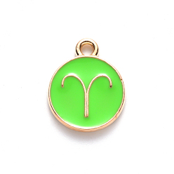 Aries Alloy Enamel Pendants, Cadmium Free & Lead Free, Flat Round with Constellation, Light Gold, Pale Green, Aries, 22x18x2mm, Hole: 1.5mm