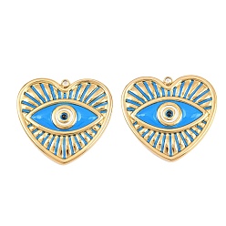 Deep Sky Blue 304 Stainless Steel Enamel Pendants, Heart & Evil Eye Pattern Charms, Ion Plating(IP), Golden, Deep Sky Blue, 29x31x2mm, Hole: 1.9mm