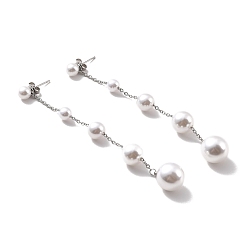 Stainless Steel Color Round Plastic Pearl Beaded Long Chain Dangle Stud Earrings, 304 Stainless Steel Drop Earrings for Women, Stainless Steel Color, 93mm, Pin: 0.7mm
