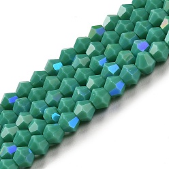 Светлый Морско-зеленый Непрозрачный сплошной цвет имитация нефрита стеклянные бусины пряди, с покрытием AB цвета, граненые, двухконусные, светло-зеленый, 4x4 мм, отверстие : 0.8 мм, около 80~85 шт / нитка, 30~32 см