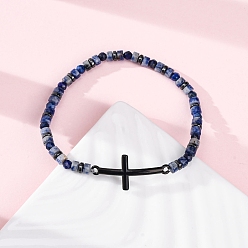 Ляпис-Лазурь Природные лазурит бисером растянуть браслеты, браслеты из нержавеющей стали с поперечными связями для женщин и мужчин, с синтетическим гематитом, внутренний диаметр: 2-1/4 дюйм (5.55 см)