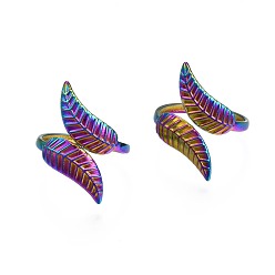 Rainbow Color 304 Stainless Steel Leaf Cuff Ring, Rainbow Color Open Ring for Women, US Size 7 1/2(17.7mm)