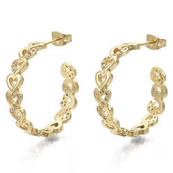 Настоящее золото 16K Серьги-гвоздики из полукруглой латуни с прозрачным фианитом и прозрачным фианитом, серьги-кольца, со спиной серьги, без никеля , сердце, реальный 16 k позолоченный, 28.5 мм, штифты : 1 мм