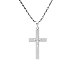 Нержавеющая Сталь Цвет 304 Подвеска-крест из нержавеющей стали с микропаве из прозрачного кубического циркония для мужчин, цвет нержавеющей стали, 23.62 дюйм (60 см)