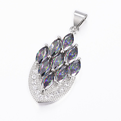 Colorful Brass Micro Pave Cubic Zirconia Jewelry Sets, Pendants & Hoop Earrings & Finger Rings, Marquise/Horse Eye, Platinum, Colorful, Size 9(19mm), 38.5x17x5.5mm, Hole: 5.5x4mm, 49x17x5.5mm, Pin: 1mm