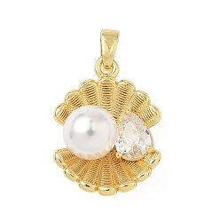 Настоящее золото 18K Кулон из циркония, без кадмия и без свинца, формы раковины, с пластмассовой жемчужиной abs, реальный 18 k позолоченный, 20x16x10 мм, отверстие : 2.5x4.5 мм